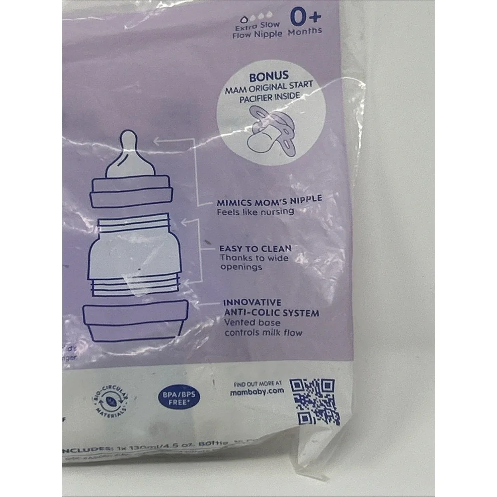 NEW MAM Easy Start Anti-Colic Bottle 4.5 oz & Bonus Original Start Pacifier 0+